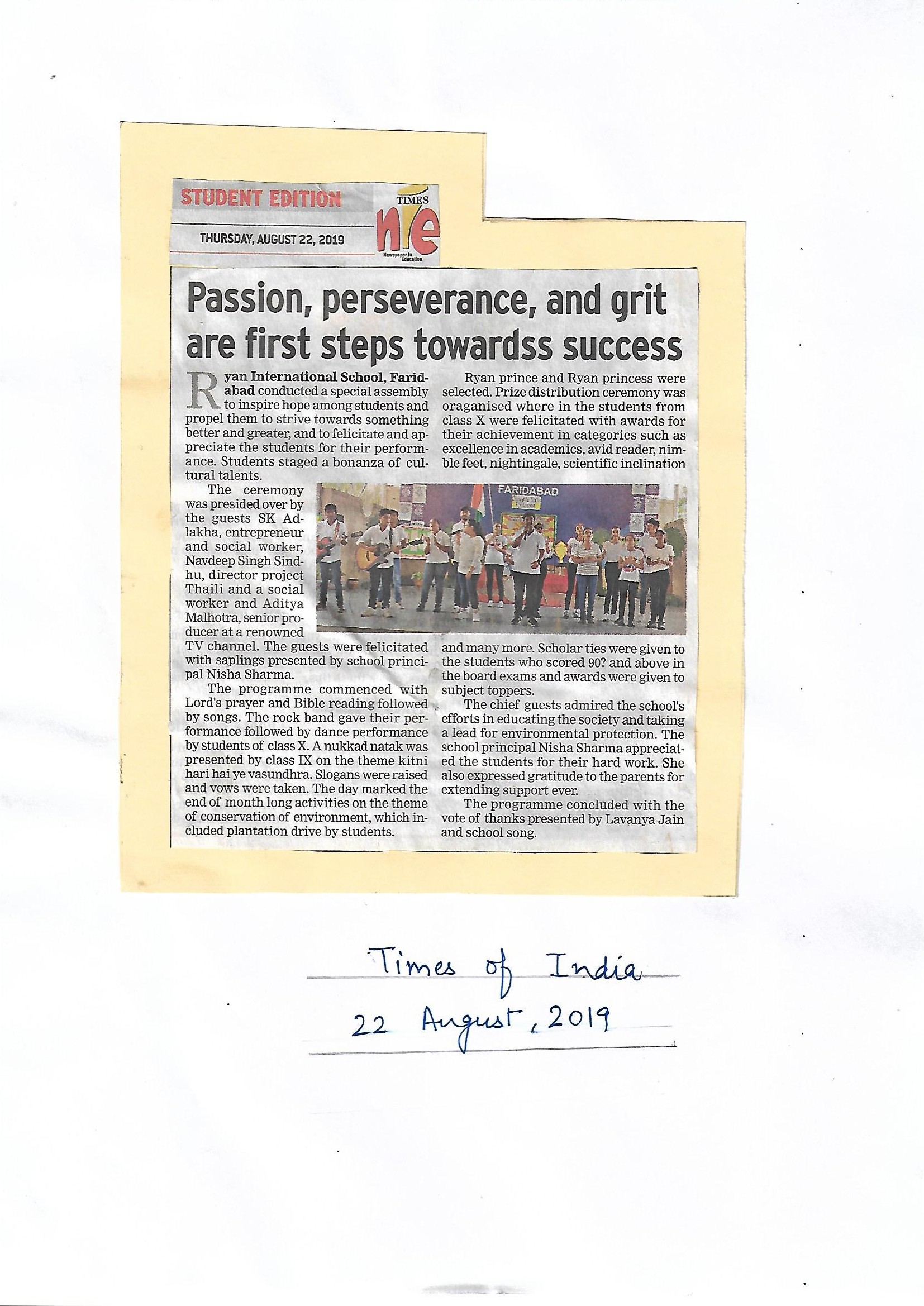 Passion, perseverance, and grit are first steps towards success - Ryan International School, Faridabad